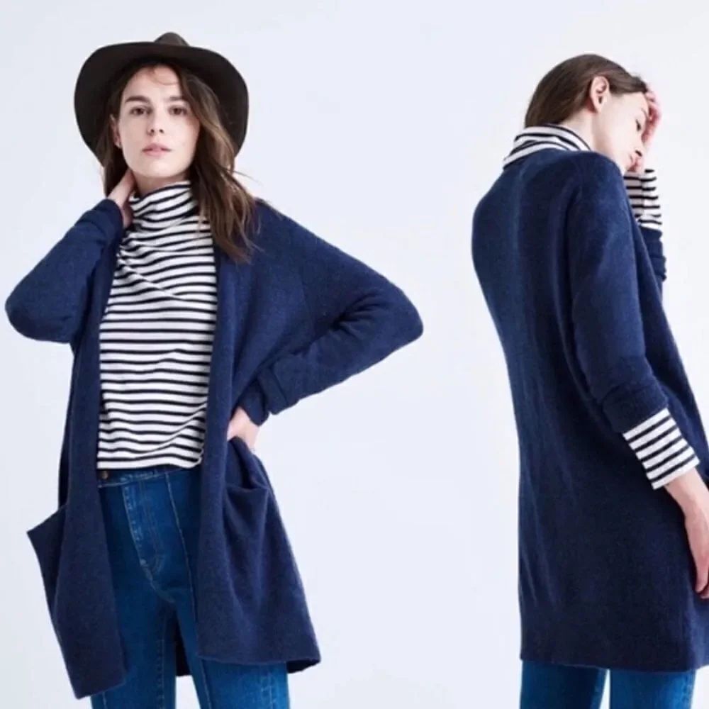 Madewell Ryder Cardigan Sweater Longline Navy Blue Merino Wool